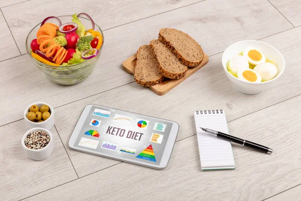 Organik gıda ve tablet KETO Diyet yazısını, sağlıklı beslenme bileşimini gösteriyor