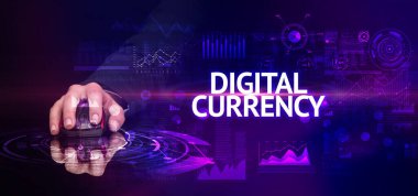 Dijital CURRENCY yazıtları ve modern teknoloji konseptiyle el ele tutuşmak