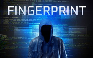 İkili kod arka planında FINGERPRINT yazısına sahip yüzsüz hacker