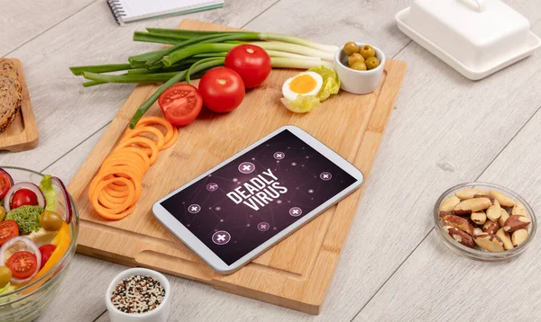 Tablet Bilgisayarda Ölümcül Venüs Konsepti Sağlıklı Yiyecekler Üst Görünüm — Stok fotoğraf