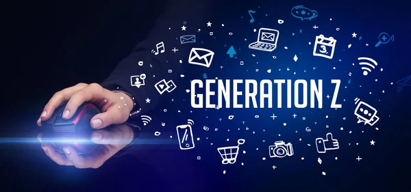 Hand Holding Wireless Peripheral Generation Inscription Social Media Concept — Stock Photo, Image