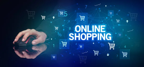 Handen Håller Trådlös Periferi Med Online Shopping Inskription Online Shopping — Stockfoto