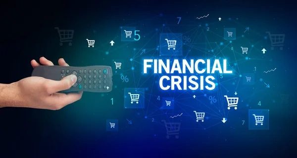 Ruční Držení Bezdrátového Periferního Zařízení Nápisem Financial Crisis Koncept Online — Stock fotografie