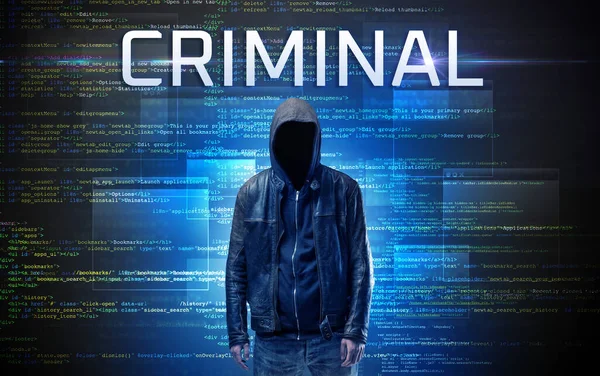 Gesichtsloser Hacker Mit Criminal Inschrift Auf Binärem Code Hintergrund — Stockfoto