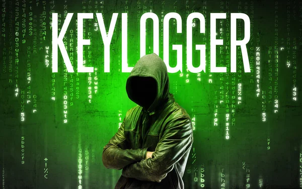 Gezichtloze Hacker Met Keyloggger Inscriptie Hacken Concept — Stockfoto