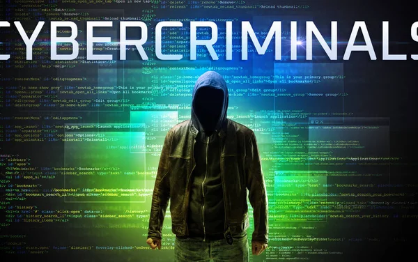 Faceless Hacker Cybercriminals Inscription Binary Code Background — Stock Photo, Image