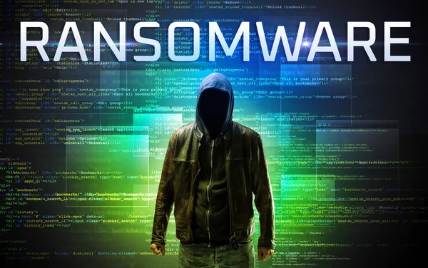 Άσωμος Χάκερ Επιγραφή Ransomware Φόντο Δυαδικού Κώδικα — Φωτογραφία Αρχείου