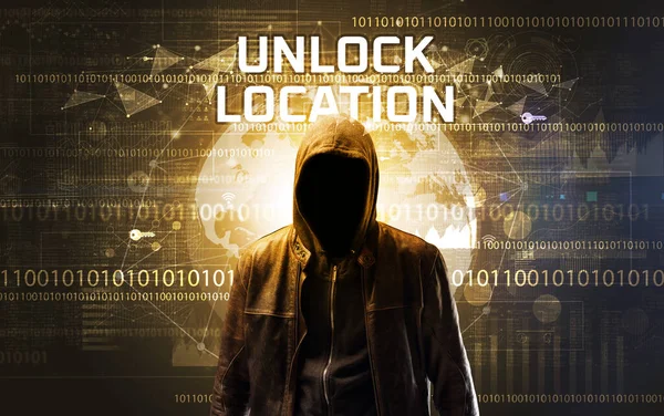 Безликий Хакер Работе Надписью Unlock Location Концепция Компьютерной Безопасности — стоковое фото