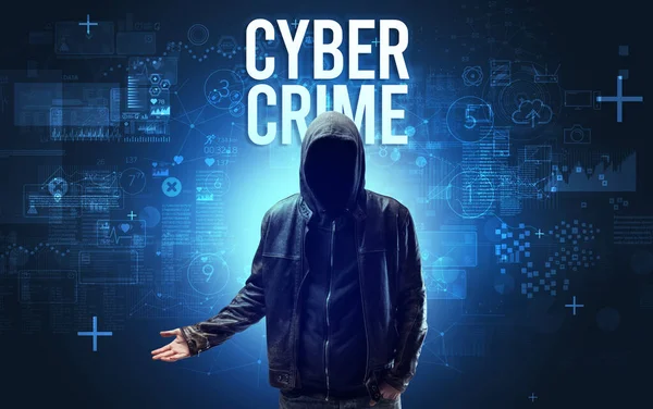 Homem Sem Rosto Com Inscrição Cyber Crime Conceito Segurança Online — Fotografia de Stock