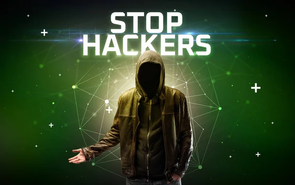 Mysterieuze Hacker Met Stop Hackers Inscriptie Online Aanval Concept Inscriptie — Stockfoto