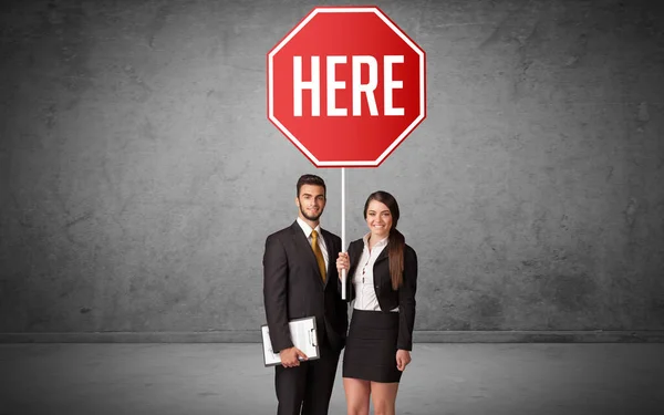 Young Business Person Holding Road Sign Here Inscription New Rules — Stock Photo, Image