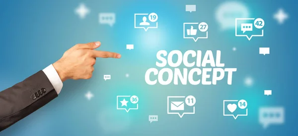Zbliżenie Przyciętej Ręki Wskazującej Napis Social Concept Koncepcja Sieci Społecznościowych — Zdjęcie stockowe