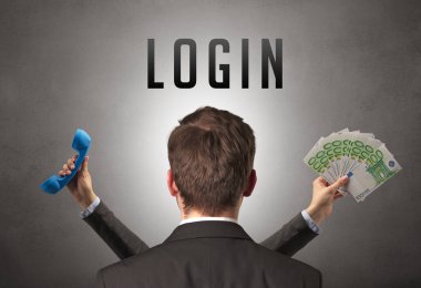 LOGIN yazıtları ve siber güvenlik kavramına sahip bir işadamının arka görünümü