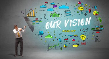 VISION yazıtlarıyla şemsiyenin arkasına saklanan kararlı işadamı, yeni iş konsepti