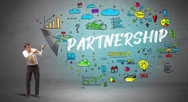 Şemsiyenin arkasına saklanan azimli iş adamı. Parazit yazıtlar, yeni iş konsepti.