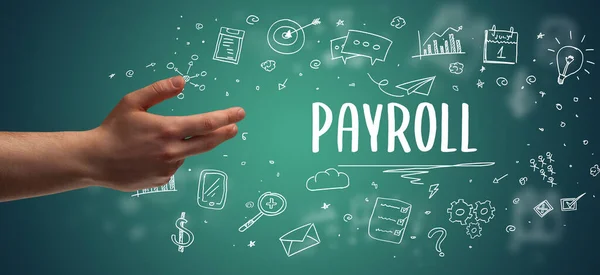 Крупный План Обрезанной Руки Указывающий Надпись Payroll Современное Бизнес Решение — стоковое фото