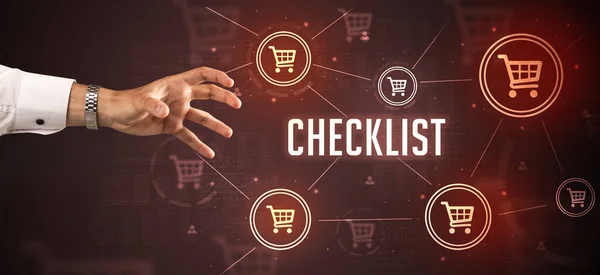 Checklist Feliratra Mutató Levágott Kéz Közeli Felvétele Online Vásárlási Koncepció — Stock Fotó