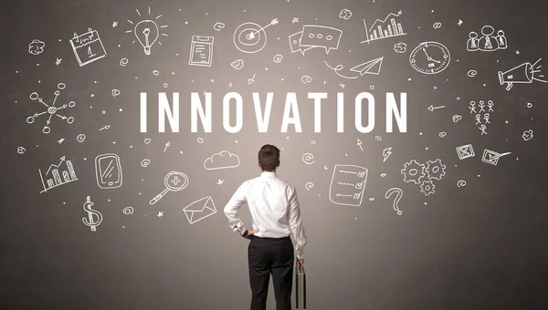 Visão Traseira Homem Negócios Com Inscrição Innovation Conceito Negócio Moderno — Fotografia de Stock