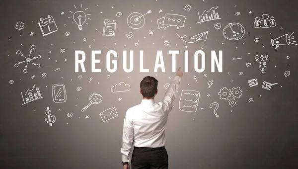 Rear View Businessman Regulation Inscription Modern Business Concept — Stock Photo, Image
