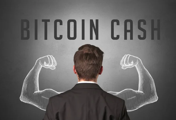Rückansicht Eines Geschäftsmannes Mit Bitcoin Cash Aufschrift Kraftvolles Geschäftskonzept — Stockfoto