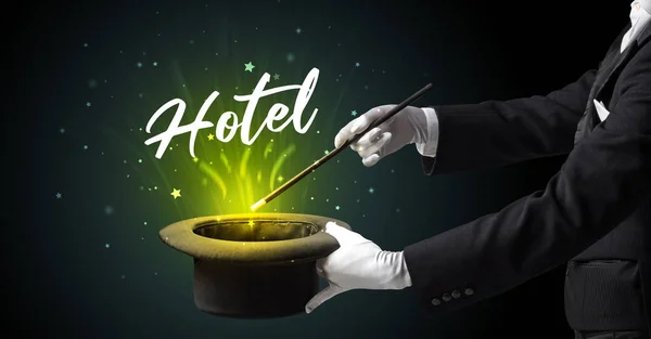 Magician Showing Magic Trick Hotel Inscription Traveling Concept — Stock Photo, Image