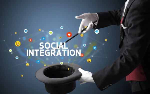 Magician Showing Magic Trick Social Integration Inscription Social Media Marketing — Stock Photo, Image