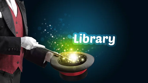 Goochelaar Toont Magische Truc Met Bibliotheek Inscriptie Educatief Concept — Stockfoto