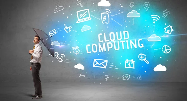 Επιχειρηματίας Υπερασπίζεται Ομπρέλα Από Την Επιγραφή Cloud Computing Σύγχρονη Έννοια — Φωτογραφία Αρχείου