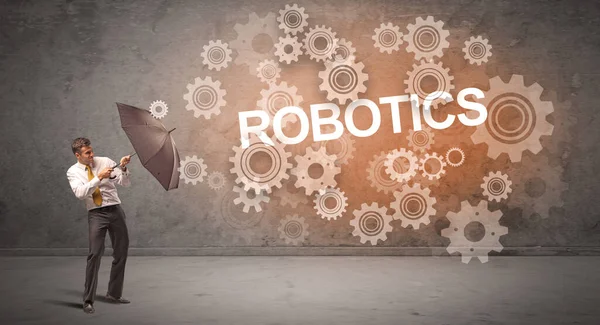 Empresario Defendiendo Con Paraguas Inscripción Robotics Concepto Tecnológico —  Fotos de Stock