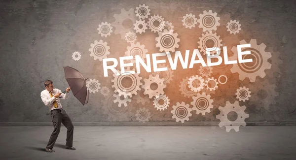 Бізнесмен Захищається Парасолькою Напису Renewable Концепція Технології — стокове фото