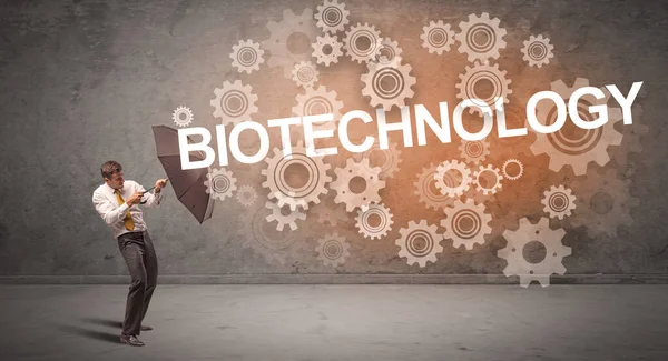 Pengusaha Mempertahankan Dengan Payung Dari Prasasti Biotechnology Konsep Teknologi — Stok Foto
