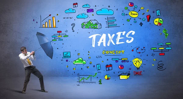 Визначений Бізнесмен Ховається Парасолькою Написом Taxes Нова Бізнес Концепція — стокове фото