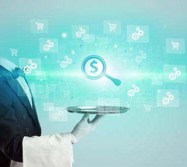 Tepside dolar işareti simgeleri olan büyüteç servis eden genç garson, yeni iş modeli konsepti