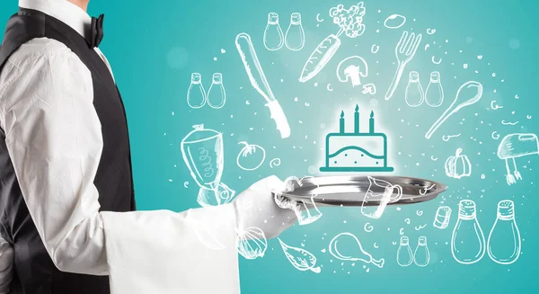 Waiter Holding Silver Tray Cake Icons Coming Out Health Food — Stock Photo, Image