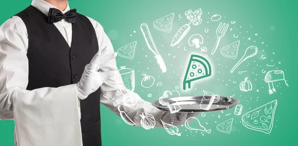 Kelner Trzymający Srebrną Tacę Wychodzącą Niej Ikoną Pizzy Koncepcja Zdrowej — Zdjęcie stockowe