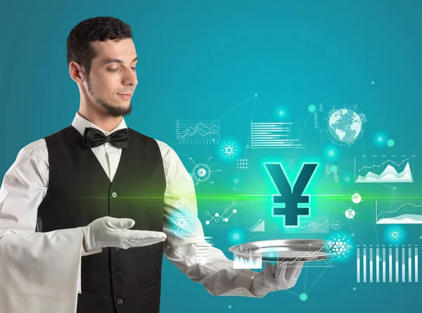 Fiatal Pincér Szolgálja Yen Ikonok Tálcán Pénzváltás Koncepció — Stock Fotó
