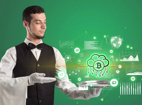 Young Waiter Serving Bitcoin Cloud Icons Tray Money Exchange Concept — Stock Photo, Image