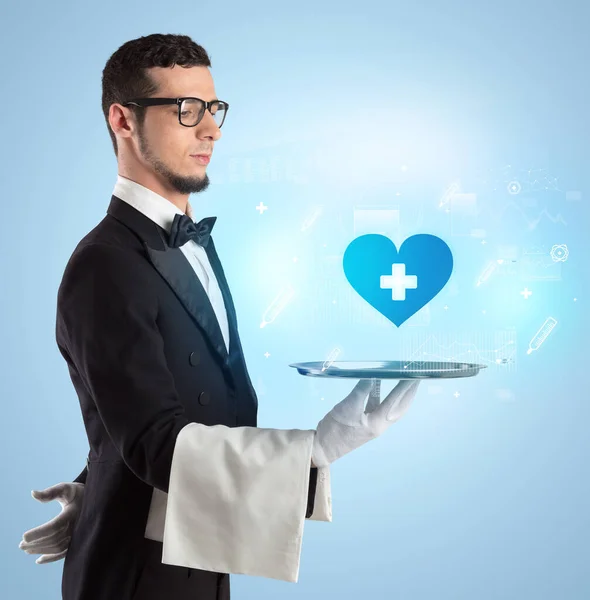 Handsome Young Waiter Tuxedo Holding Tray Healthcare Icons Tray Global — Stock Photo, Image