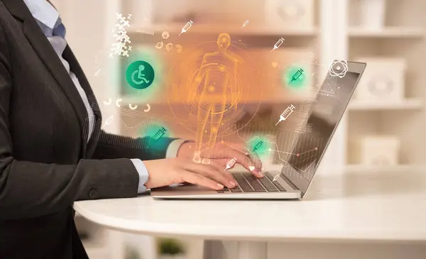 Doctor Working Laptop Handicapped Icons Coming Out Healthcare Concept — Stock Photo, Image