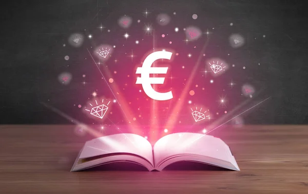 Open book with euro icons above, currency exchange concept