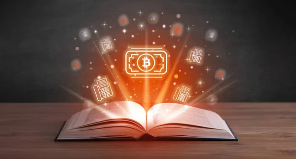 Otevřená Kniha Ikonami Bitcoinů Výše Koncept Směny Měn — Stock fotografie