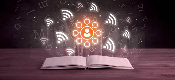 Open Book Mit Community Netzwerk Symbole Oben Social Networking Konzept — Stockfoto