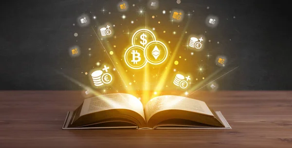 Libro Aperto Con Icone Cryptocurrencies Sopra Concetto Cambio Valuta — Foto Stock