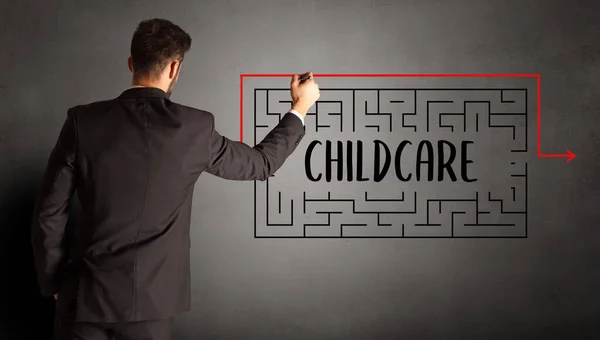 Empresário Desenho Labirinto Com Inscrição Childcare Conceito Educação Empresarial — Fotografia de Stock