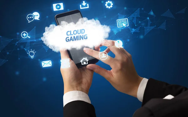 Kvinnlig Hand Håller Smartphone Med Cloud Gaming Inskription Moln Teknik — Stockfoto