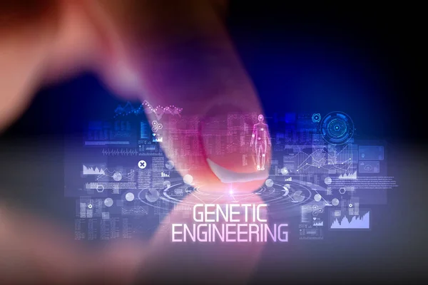 Трогательный Планшет Иконками Веб Технологий Надписью Genetic Engineering — стоковое фото