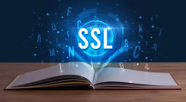 stock image SSL inscription coming out from an open book, digital technology concept