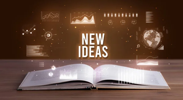 New Ideas Inscription Coming Out Open Book Creative Business Concept — Stock Photo, Image