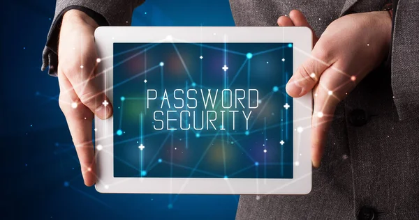 Młody Człowiek Biznesu Pracujący Tablecie Pokazuje Znak Cyfrowy Bezpieczeństwo Password — Zdjęcie stockowe