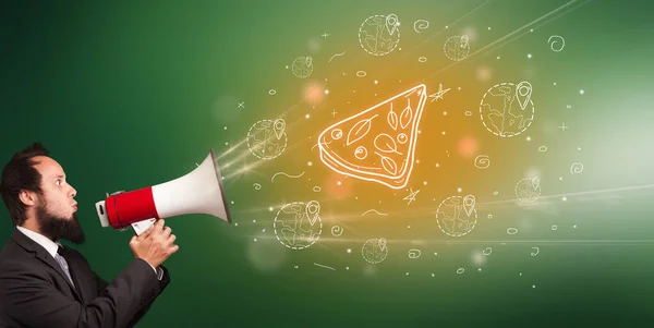 Megafon Vejetaryen Pizza Ikonu Içinde Bağıran Genç Insan Sağlıklı Beslenme — Stok fotoğraf